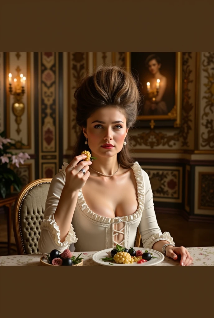 Painting of a completely, die an einem Tisch mit einem Teller mit Essen sitzt, hyperrealistisches Photo, Auf CG Society im Trend, Fantasy-Kunst, alluring mesmer woman, Magali Villeneuve', Karol hinter UHD, Beautiful character image, Hyperrealistisches Photo, beautiful digital artwork, blonde, deep cleavage,