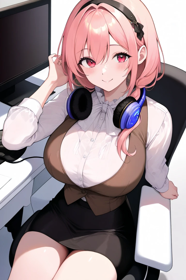 1girl, solo, (masterpiece, best quality:1.4),((best quality)), ((highly detailed)), masterpiece, absurdres, (detailed eyes, deep eyes), bunny girl, pink hair, long hair, bangs, blue eyes, white pupils, smiling, big breasts, deep cleavage, rabbit ears, fake animal ears, headset, headphone's, ear piece, rabbit tail, dark blue leotard, detached collar, pink bow, bare shoulders, black pantyhose, wrist cuffs, excited expression, smiling, teeth, front of the computer doing a Twitch livestream, the girl is a Twitch streamer, Twitch streamer/gamer, highly detailed background, (Background: Indoors, in a room with a desk, chair, microphone, mouse, keyboard, There are multiple computer monitors), sitting on a chair, depth of field, UHD, masterpiece, High quality art style, best quality,