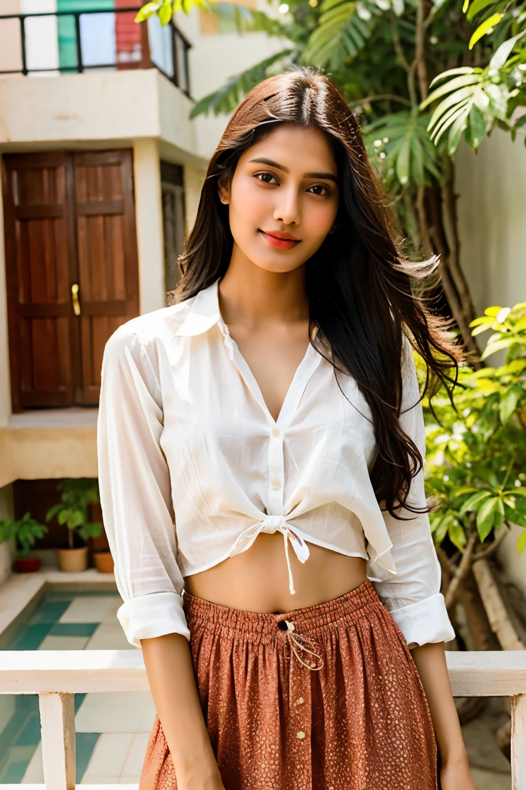 lovely cute young attractive indian girl, brown eyes, gorgeous actress, 19 years old, cute, an Instagram model, long blonde_hair, colorful hair, winter, Indian, wearing white shirt and black pants, sexy