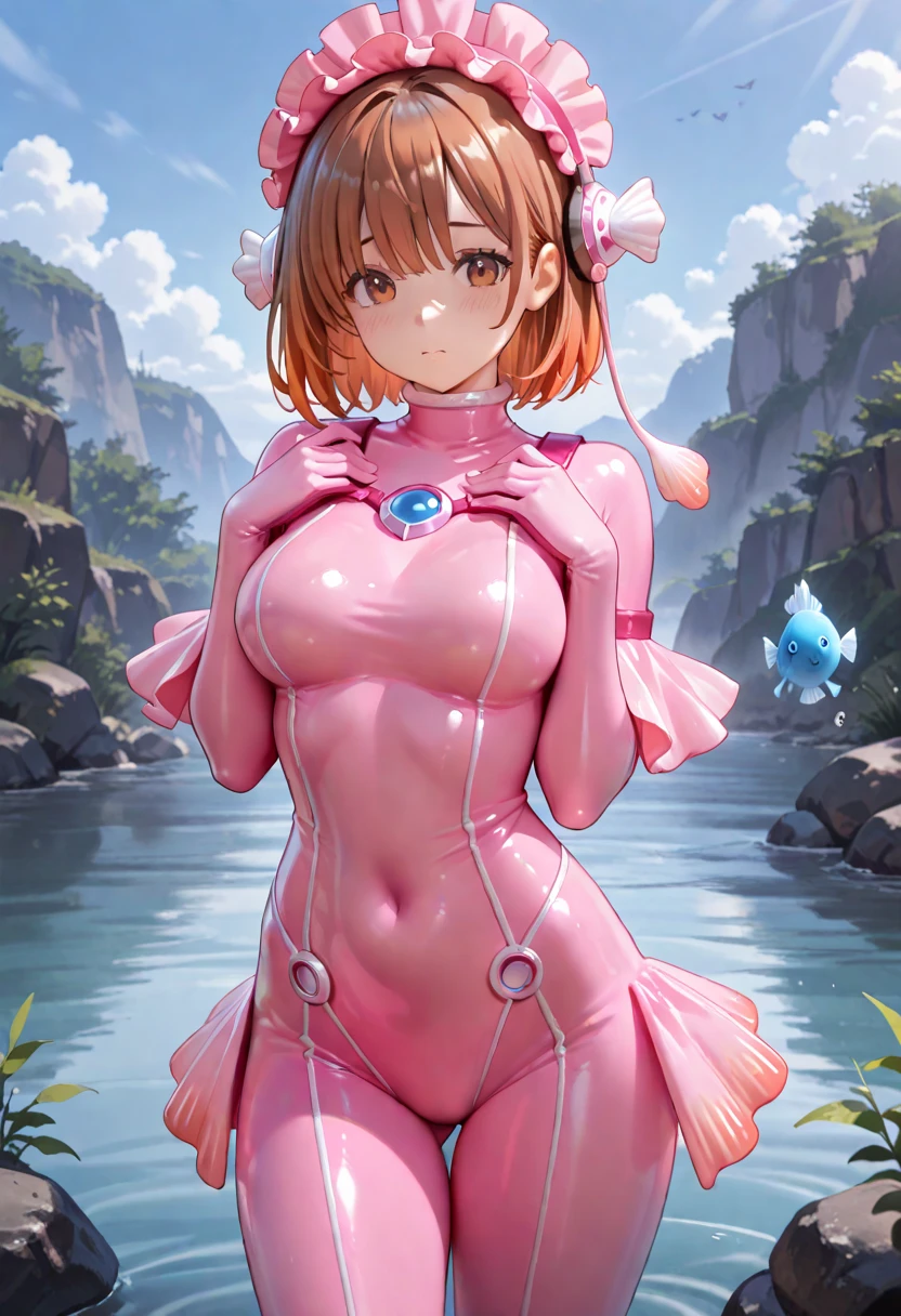 Browsing Caution, 1 person,highest quality, Best image quality, masterpiece, Very detailed, shape, Pool, One piece swimsuit, girl, Ranma,Red Short Hair, Slime nest, Slime (substance), ((服にSlimeがまとわりつく)),(((Big Breasts))),Erect nipples,Camel Toe,Imprisonment, Inhibition, bondage, big Slime, (Tentacles, Transparent body), (Grabbing her breasts),Browsing Caution,