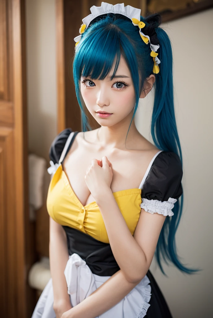 One Girl, Age 35, alone, ((Long light blue hair 1.4)), ((Sweaty 1.5)),((Shiny skin 1.4))，((Thighs)),  Brown eyes, ((Pink miniskirt maid outfit 1.5))，((Knee-high socks 1.4)),whole body, bangs, Realistic,((Small Breasts 1.2)),  4K, Highest quality, Slender beauty, Extremely clear images, 8k, Beautiful pose, Photo session、((Cute pink maid outfit))、smile、Straight hair,((Mansion Background))