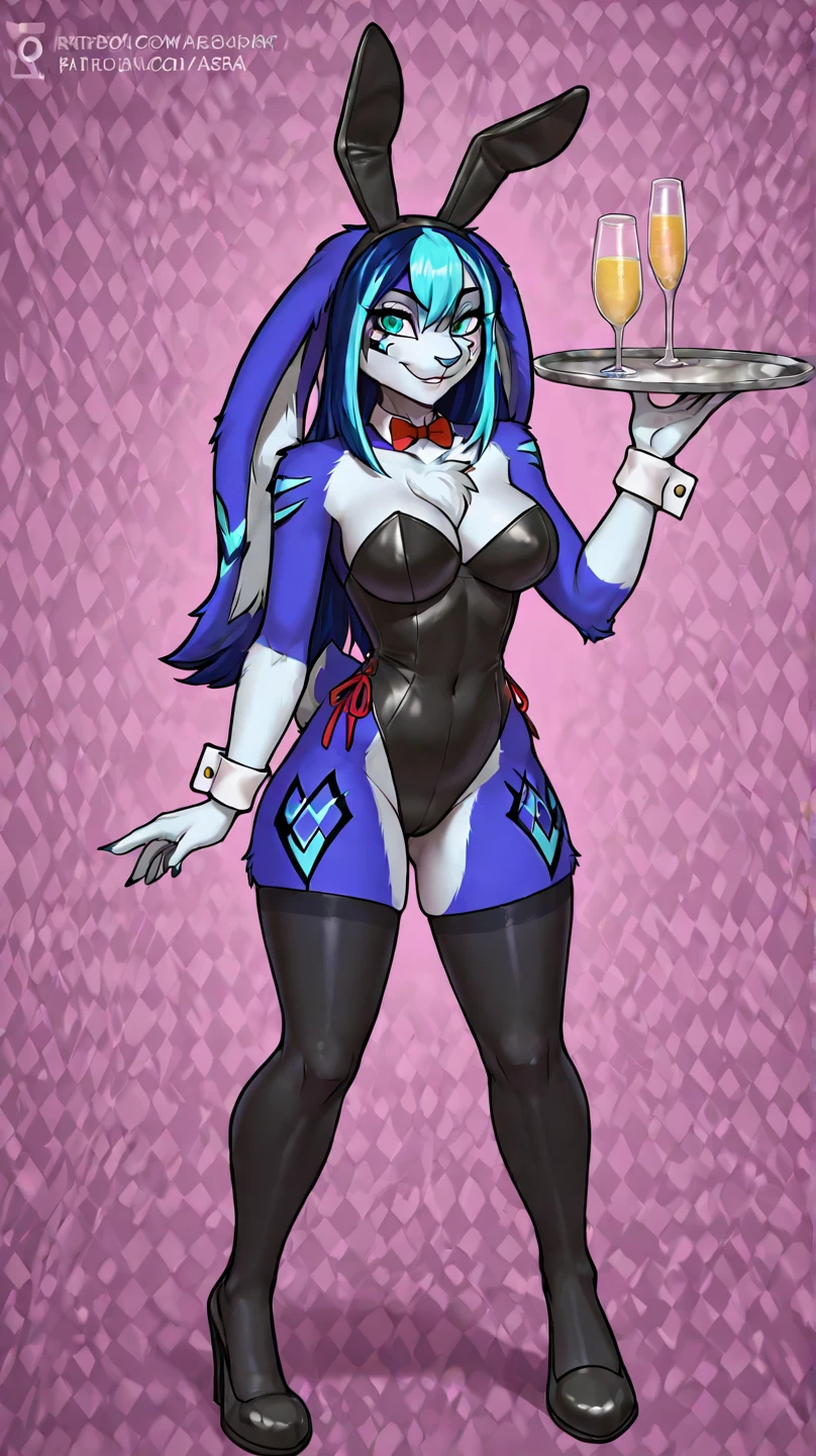 (master piece: 1.1), by sususuigi, White background, furry, wearing Blue bunny suit, Zipper or button closure down the front, Long sleeves with elastic cuffs, Pants with elastic cuffs, dog ears, furry female, colored skin, animal nose, big breasts, body fur, big thick, white fur, two-tone fur, 1girl, bunny ears headband, white skin, grey skin, blue eyes, tail, long hair, bar, playboy bunny, grey fur, tray, multicolored skin, black hair, two-tone skin, red bow, bare shoulders, braid, solo, large breasts, strapless, wolf girl, looking at viewer, thighs, dynamic pose, dynamic angle