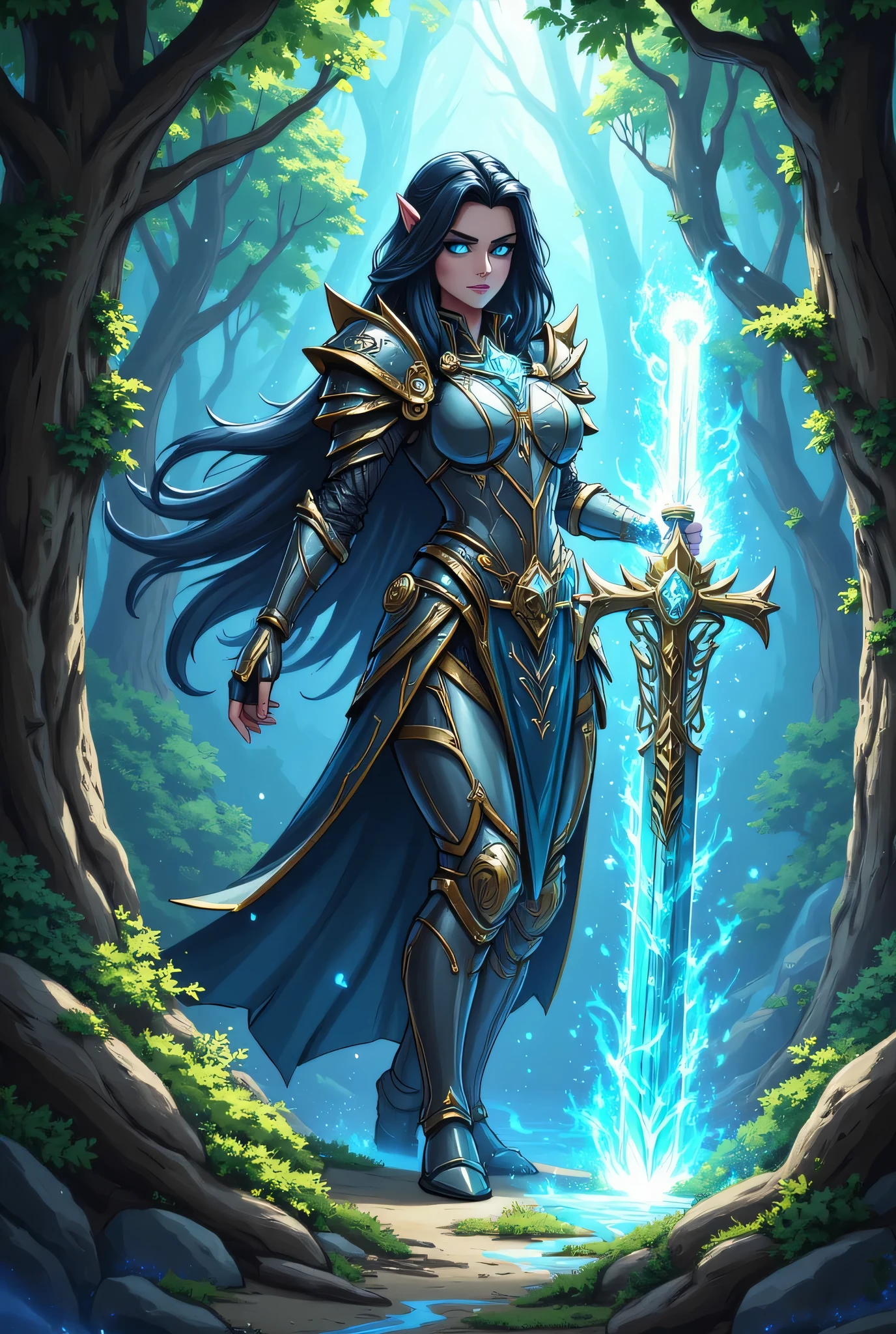 a picture of female human paladin of nature protecting the forest, wearying heavy armor, divine armor, flowing cloak, long cloak, armed with a sword, glowing sword, radiant sword, a woman, divine knight, full body, perfect body,  ultra detailed face, ultra feminine, pale skin, black hair, long hair, blue eyes, body, intense eyes, , fantasy forest background, D&D art, RPG art, magical atmosphere magic-fantasy-forest, ultra best realistic, best details, best quality, 16k, [ultra detailed], masterpiece, best quality, (extremely detailed), ultra wide shot, photorealism, depth of field, hyper realistic painting, fantasy art, realistic art,((best quality)), ((masterpiece)), (detailed), perfect face, dweapon