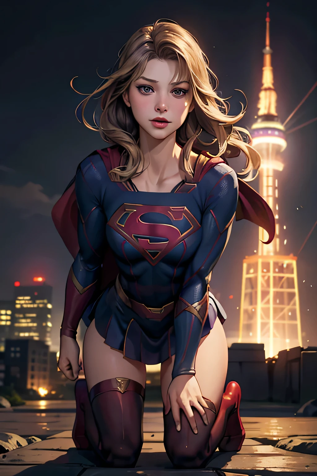 ((highest quality)), ((masterpiece)), (be familiar with), (High definition), (Realistic), (Realistic), (Best Shadow), Low contrast, (Complex:1.4), Side lighting, 8K, ((melissa Benoist)), ((SUPER GIRL)), Perfect Face、Detailed、(Accurate hand and finger depiction)、supergirl women、Blonde、Voluptuous body、big breasts、Narrow waist、Big Ass、Alluring、glamorous、((Squatting with legs apart))、Tokyo Tower、Night view, show pussy