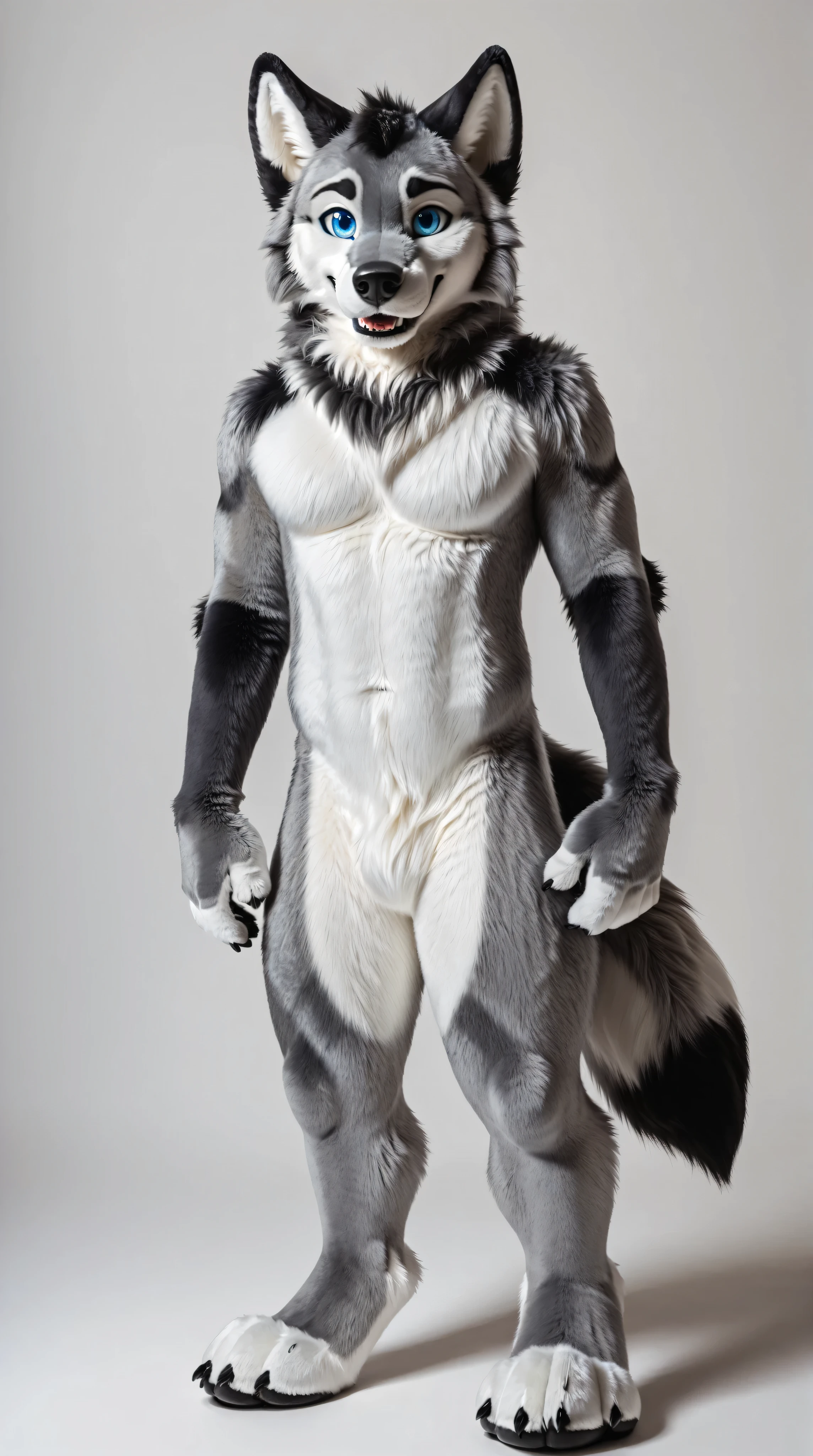 full body, fursuit, male, grey, grey limbs wolf, blue eyes, plain background