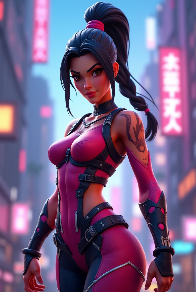 Woman warrior、Pink clothes、Shingard、Knee pads、Shoulder Armor、Denim skirt、tights、Black Hair、Elbow pads、gloves、Utility Belt、Confident、Dark Back Alley、Trained biceps、Twin tails、Realistic