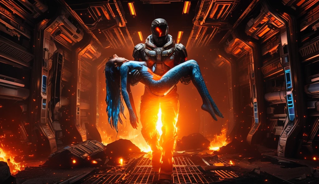 there is a cyborg man in an force field carrying a woman in a room that is on fire, cyborg man with artificial right arm, burnt woman, room on fire, ship cabin on fire, force field, photo real scene of a man carrying a woman in a fire, hyper realistic man and woman in a fire