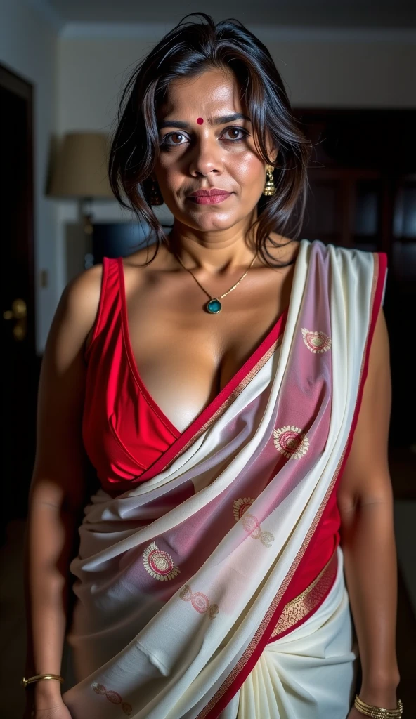 Indian aunty showing cleavage by standing down naked, oversized brest, erotic, seducing, malif, pussy, sexy facial expressions , indian traditional lady, aunty, closeup photography, prime lens cinematic, professional full nude big tit no saree no bra