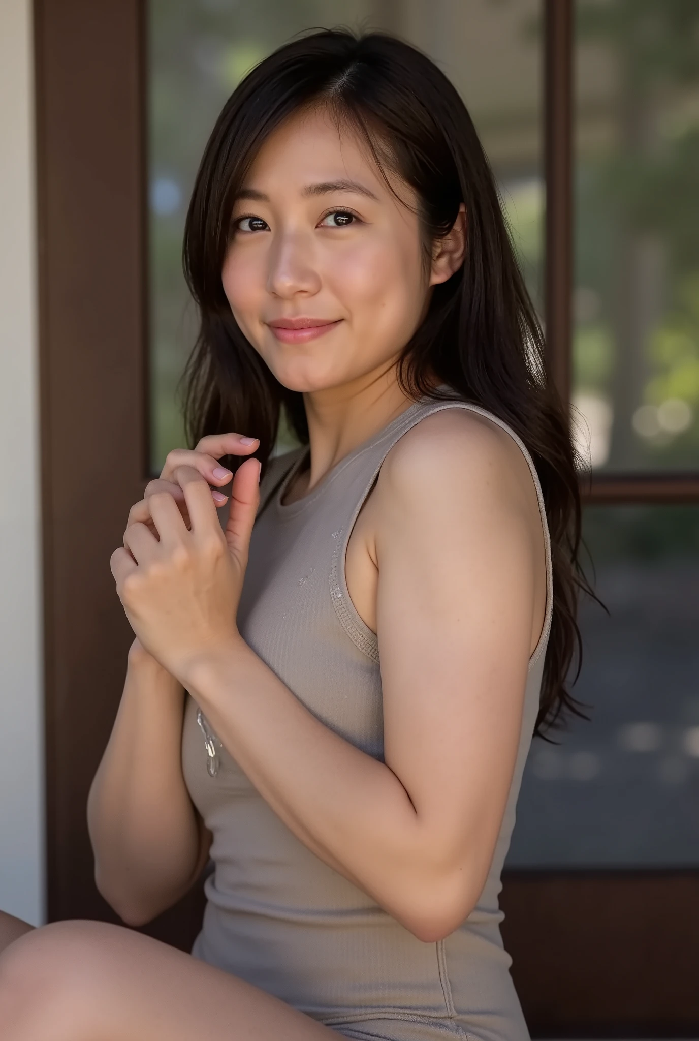 woman in wet tank top、Where it is in contact with the skin is transparent、active pose、 pleasant expression