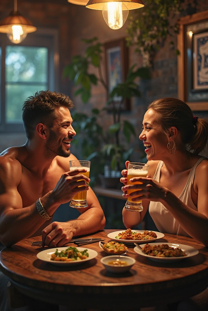 Extremely beautiful heterosexual couple in a kitchen making spaghetti, smiling and with beer mugs in hand. The man has a beard and short black hair. The woman has long black hair. They both wear tattoos