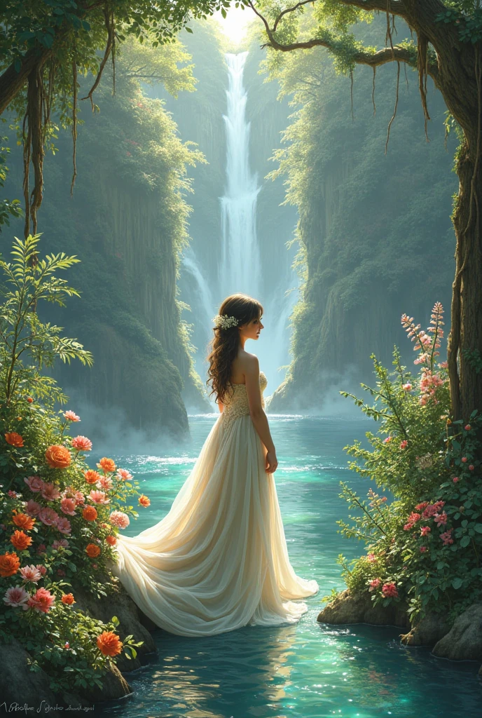 Woman in white dress on nature with plants, trees, waterfalls, animals, and mountain