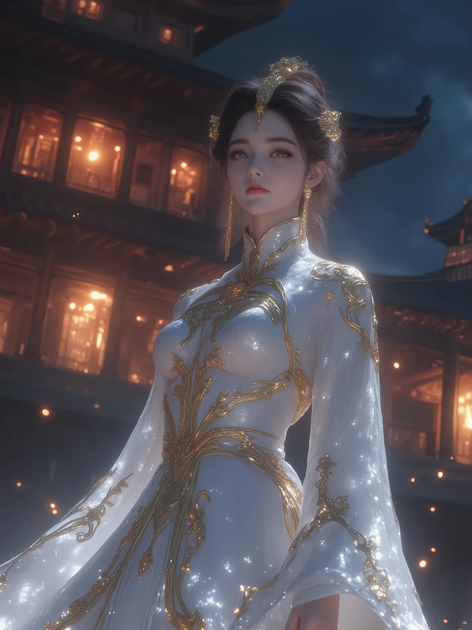 1 Girl, beautiful detailed eyes, beautiful delicate lips, extremely detailed face and eyes, Standing in front of a pagoda at night。She is wearing a long, flowing white dress，It has gold embellishments and a gold headdress。The dress has a high neckline and long sleeves，The skirt is full and flowing，best quality, 4K,  8,000, high res,  masterpiece:1.2, ultra-detailed, realistic, photorealistic, photo-realistic:1.37, HDR, ultra-high definition, Studio Lighting, ultra-fine painting, Clear Focus, {{x}}, extreme detail description, Professional, bright colors, Bokeh，Scenery that adds perspective and ambience，panoramic，There is a streamer，Chinese drum