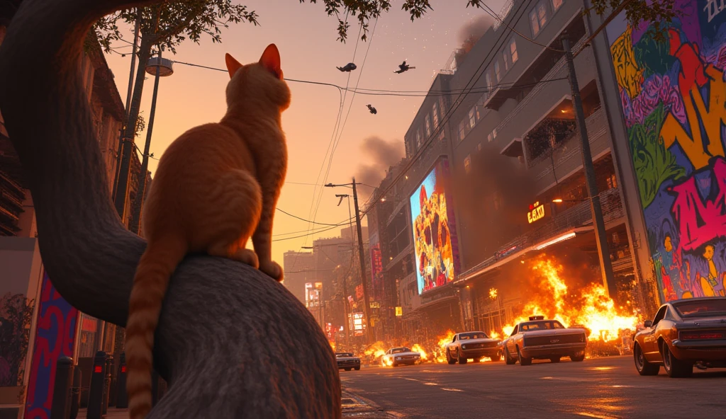 Create an illustration of a scene from GTA Los Santos. An orange cat is poking its head out from a sewer grate in the foreground, its curious gaze directed at the chaotic scene unfolding on the street above. Surrounding the sewer, gangsters are engaged in a fierce gunfight, firing bullets with glowing trails, while vibrant murals decorate the walls. The scene is intensified by car explosions, flying debris, and smoke filling the air. Focus on the sewer environment with detailed textures like worn metal and damp concrete, while the cat’s expression and the street chaos are sharply emphasized. Use cinematic quality, ultra-detailed textures, realistic lighting effects, and dramatic storytelling to contrast the cat’s quirky perspective with the destruction above