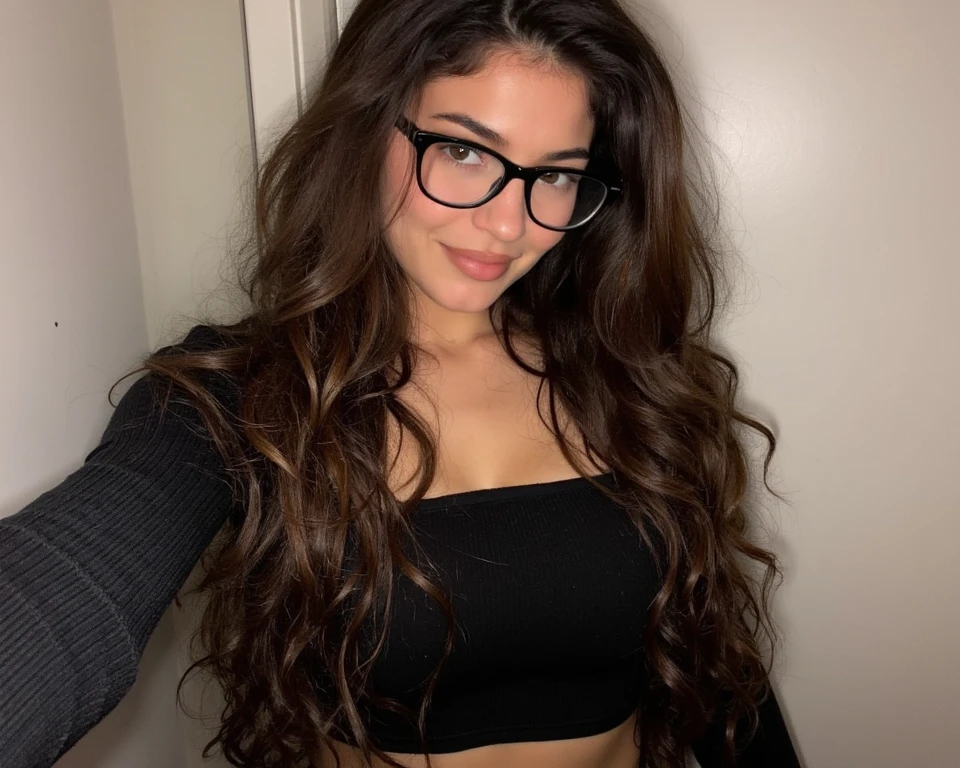 Brunette woman, natural body, round glasses, dark brown eyes, curly brown hair, age 36, doing hair extensions
