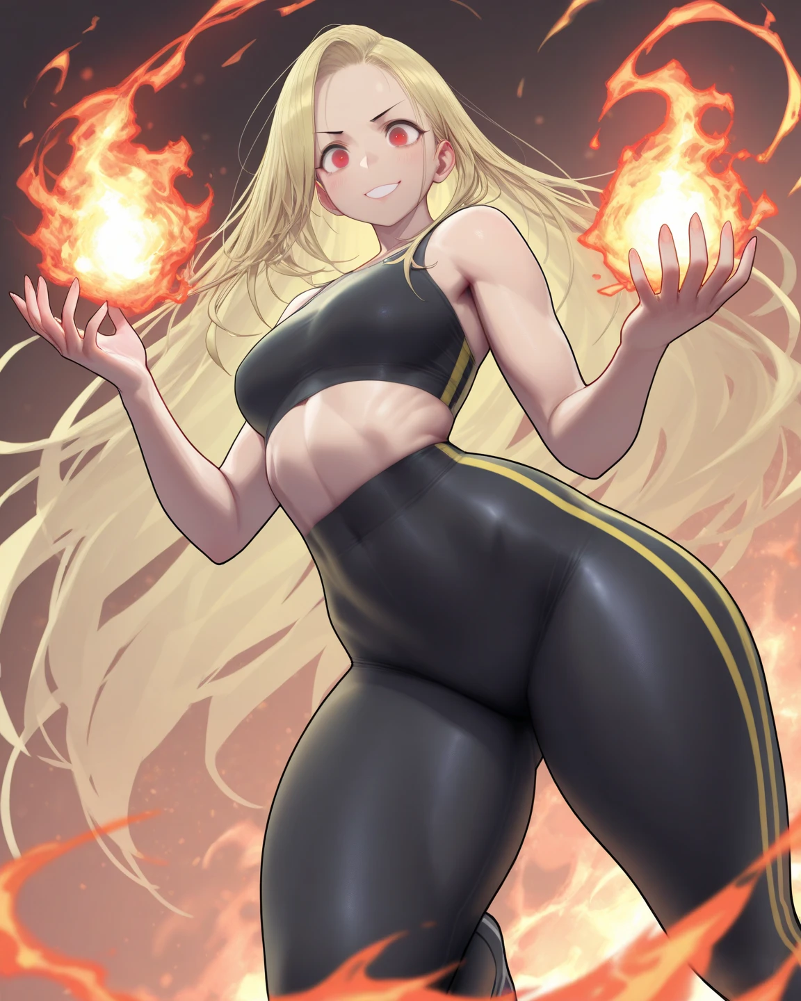 ((Flareon)), anthropomorphic, big breasts, big ass, pokemorph, (((1girl))), (((black bra))), (black Egyptian skirt), (black flats), full body, sexy, fiery red skin, (round glasses), long legs, smiling