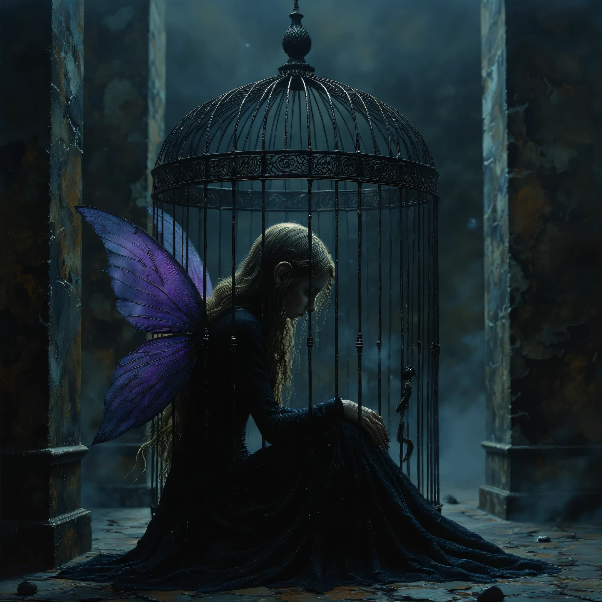 ((best quality)), ((Masterpiece)), (Highly detailed:1.3), a little fairy with long blond hair, with purple wings, dressed in black, she is luminous, locked in a birdcage made of glass, she is very sad sitting on the floor of the cage, the atmosphere is dark and sinister, (very complex and realistic texture: 1.2), (best quality, 4k, 8k, high resolution, Masterpiece:1.2), ultra detailed, (realistic, photorealistic, photo-realistic:1.37),