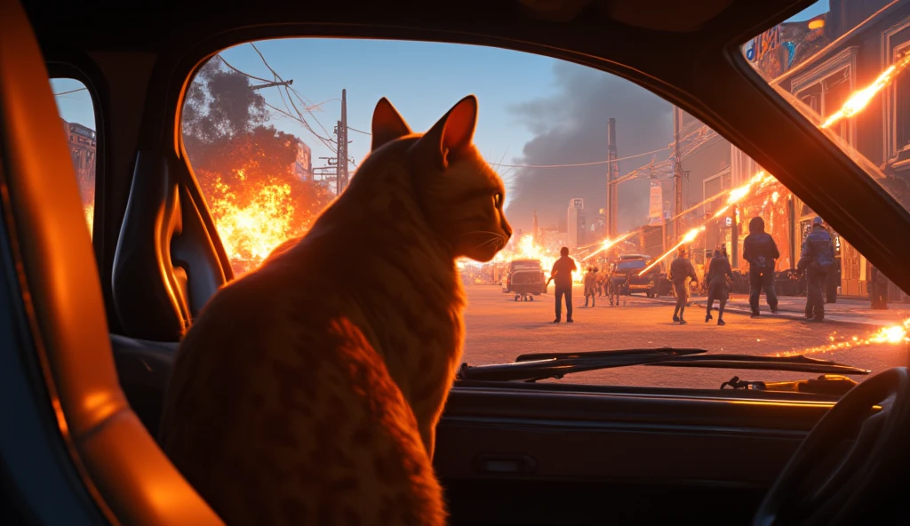 Create an illustration of a scene from GTA Los Santos. An orange cat is poking its head out from a sewer grate in the foreground, its curious gaze directed at the chaotic scene unfolding on the street above. Surrounding the sewer, gangsters are engaged in a fierce gunfight, firing bullets with glowing trails, while vibrant murals decorate the walls. The scene is intensified by car explosions, flying debris, and smoke filling the air. Focus on the sewer environment with detailed textures like worn metal and damp concrete, while the cat’s expression and the street chaos are sharply emphasized. Use cinematic quality, ultra-detailed textures, realistic lighting effects, and dramatic storytelling to contrast the cat’s quirky perspective with the destruction above