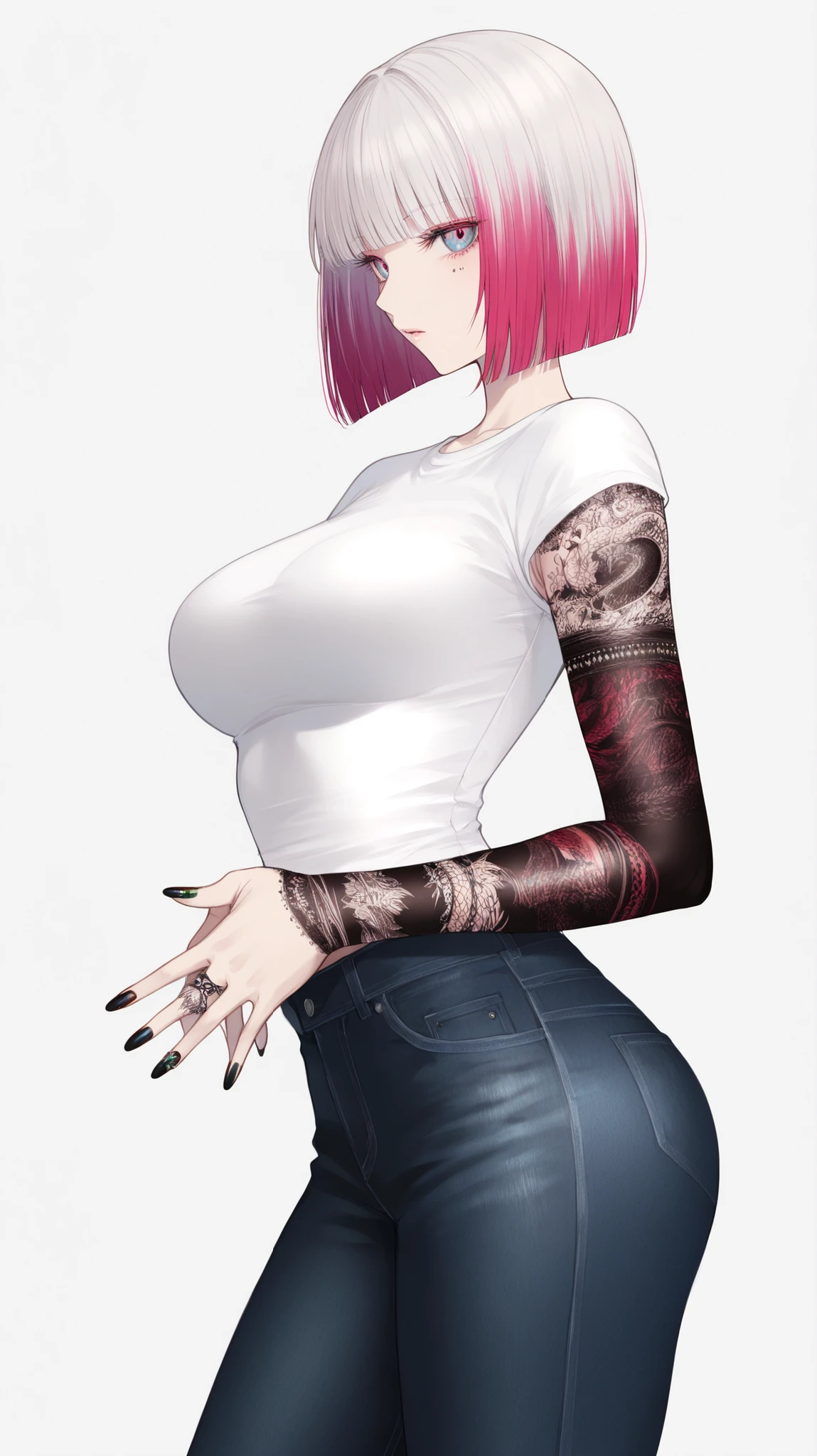 masterpiece, best quality, amazing quality, newest, very aesthetic, 1girl,multi-colored hair,red,white,multi-colored eyes,short shirt,short jeans,fully tattooed body,fully tattooed arms,black nails,looking at the viewer,dim white background,dynamic pose