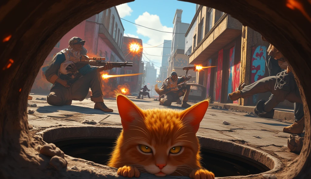 Create an illustration of a scene from GTA Los Santos. An orange cat is poking its head out from a sewer grate in the foreground, its curious gaze directed at the chaotic scene unfolding on the street above. Surrounding the sewer, gangsters are engaged in a fierce gunfight, firing bullets with glowing trails, while vibrant murals decorate the walls. The scene is intensified by car explosions, flying debris, and smoke filling the air. Focus on the sewer environment with detailed textures like worn metal and damp concrete, while the cat’s expression and the street chaos are sharply emphasized. Use cinematic quality, ultra-detailed textures, realistic lighting effects, and dramatic storytelling to contrast the cat’s quirky perspective with the destruction above