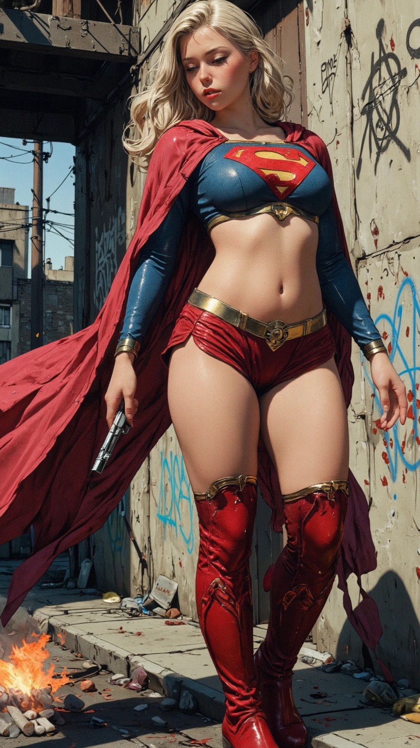 (((SUPERHEROINE SUPERGIRL vestindo lingerie rendada toda furada, calcinha rendada preta toda furada, high heel stilettos))), (((She's in the stone cell,in the castle dungeon, arrested))), ((Ela foi estuprada)), (SUPERGIRL sentada, pernas abertas, pra cima, Uncomfortable pose), (Ela is crying a lot, ela tem cabelo LOIRO, ela tem cabelo longo)), ((She wears a thick dog collar around her neck.)), (obra-prima, melhor qualidade) 1.5, 1 garota, sozinho, (sensual, mulher bonita, rosto perfeito, olhos perfeitos), corpo inteiro, tears running down your face)), ((SUPERGIRL em cativeiro, arms tied behind the back, Shibari, Hands tied behind the back,painful restraint by ropes)