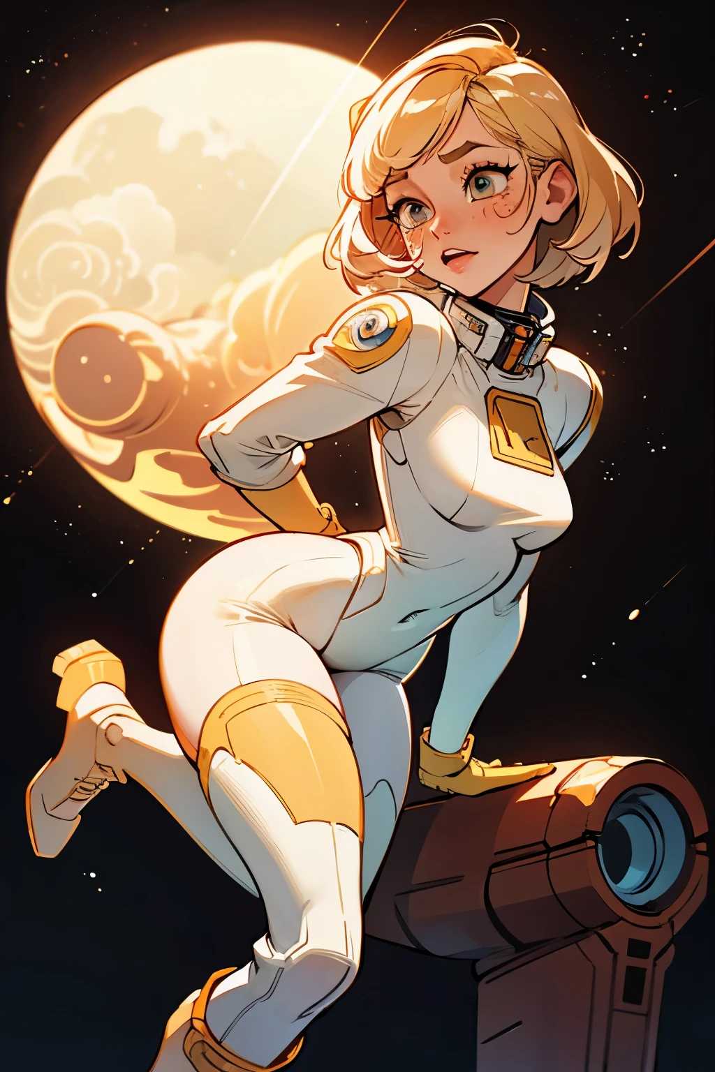 The sexiest ahegao face, sexy, horny, Erotic, Space woman, Retro futurism, Pin Up, Science fiction, tall_woman, fit, long_legs, white space suit, Yellow over-the-knee space boot, blond_hair, brown, Brown_eyes,wavy bob hair cut, freckles, detailed_face, detailed_eyes, lewd, sexy shape, sexy curve, single woman, black background,sexy position