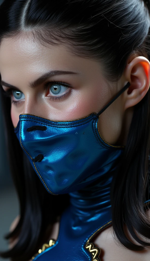 ((Masked)) a super photo realistic image, 25 year old ginger girl, freckles, blue sparkling bikini, ultra detailed, (dark background), sparkles, detailed eyes, cute smile, full body gorgeous bun hairstyle