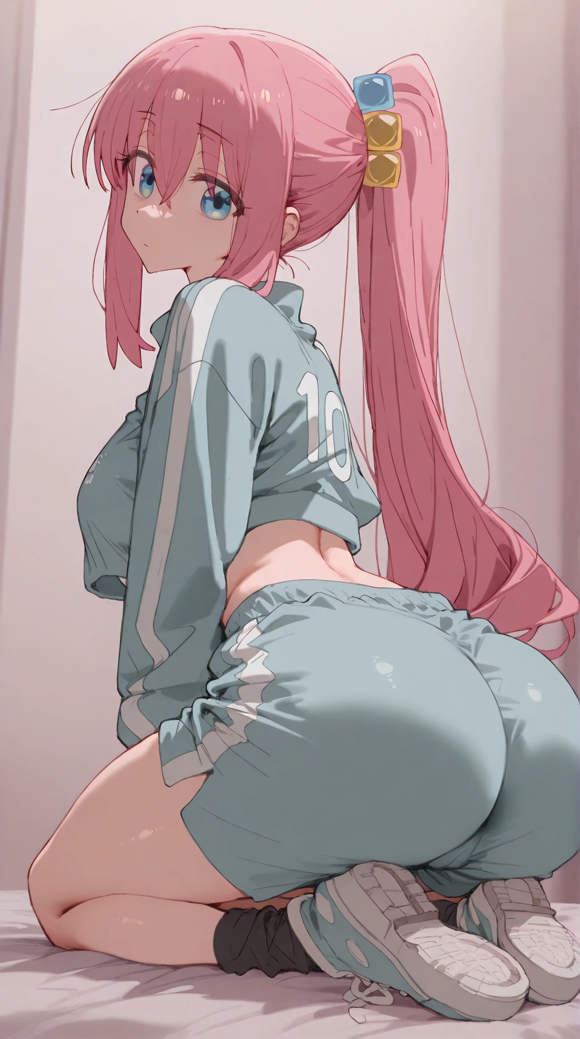 ((best quality)), ((masterpiece)), (detailed), 1girl, off-shoulder sweater, age Girl，Jacket，Hot Pants，Queen，Shake to confirm view，rope，shackles，shirt，See-through clothing，Pink Hair，Big Ass，Fun，Stick out your tongue，Smile，Sweat，secretion，Buttocks close-up，sit，sit on camera，Rear view，Hips upturned，love，Soaked，transparent
