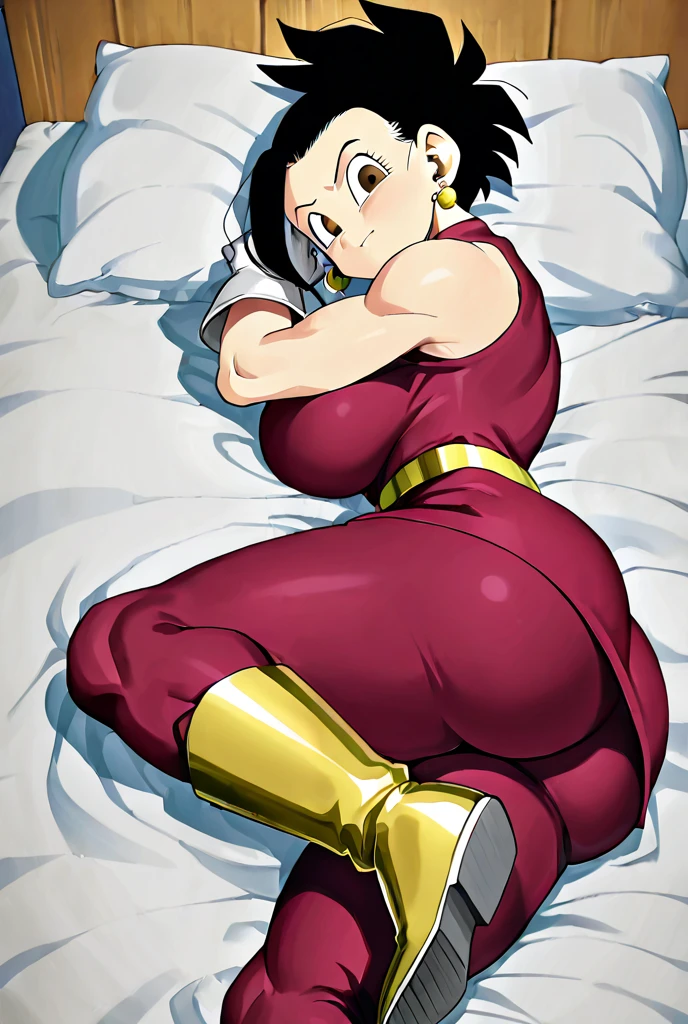 tennis girl's massive rear butt, cheeks out of bottomless slutty mini skirt out bare, showing her butt, lying down, on bed, wearing oven mittens under pillow, blindfold