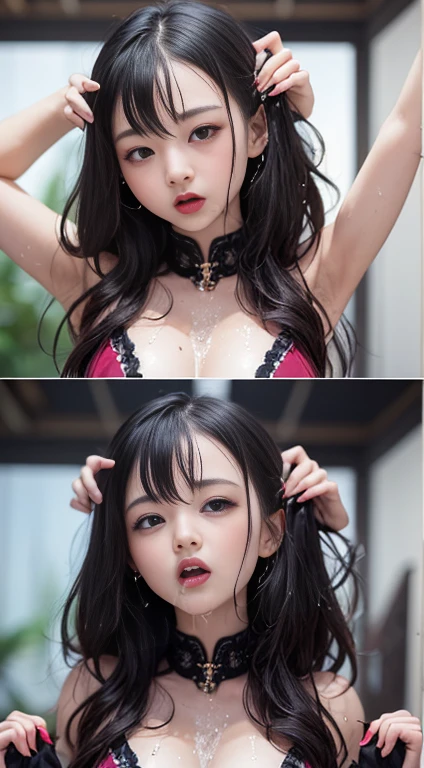(8k, RAW photo, photorealistic:1.25) ,( lipgloss, eyelashes, gloss-face, glossy skin, best quality, ultra highres, depth of field, chromatic aberration, caustics, Broad lighting, natural shading,Kpop idol) looking at viewer with a serene and goddess-like happiness,huge boobs
