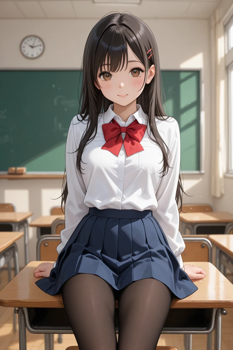 8K, 1 girl, sitting, slanted eyes, (lace panties, skirt lift:1.1), (Panty shot:0.3), classroom, throw, looking at the viewer, (grin and laugh:0.8), school uniform, white shirt, pleated skirt, Improve, 18-year-old