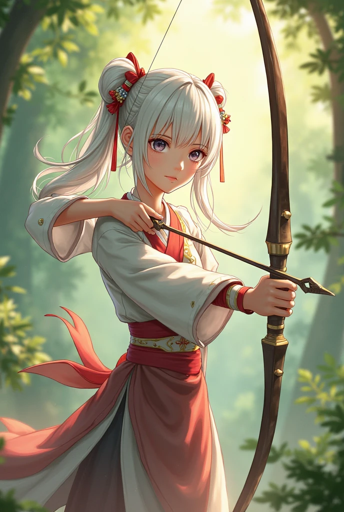 1 girl, windy forest background, shiny backlight, battle scene, bowing arrow, volumy long ponytail, silver hair, red eyes, middle breasts, her hair is fluttering down, white fantasic leotard outfit, white long loincloth,brown belts, long Quiver of Arrows behind back, strongly draw the bowstring shooting arrow, holding bow,open legs,open thighs, arched back, scerious, aiming, gazing, cowboy shot, looking side, masterpiece, best quality, general, rotated composition,