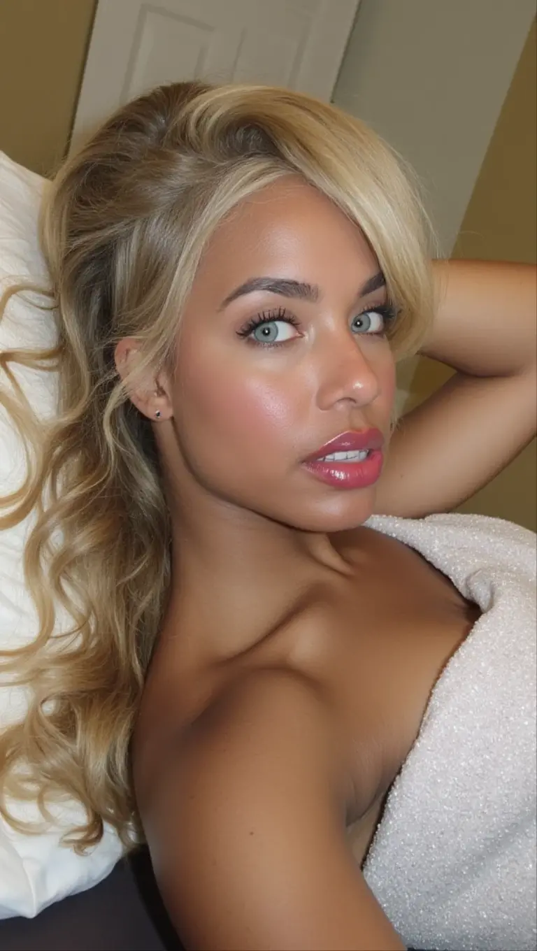 a gorgeous blonde woman, 23 years old, lying on a bed in a sexy pose, long blonde hair with dark roots, full breasts, detailed facial features, high quality, photorealistic, dramatic lighting, cinematic composition