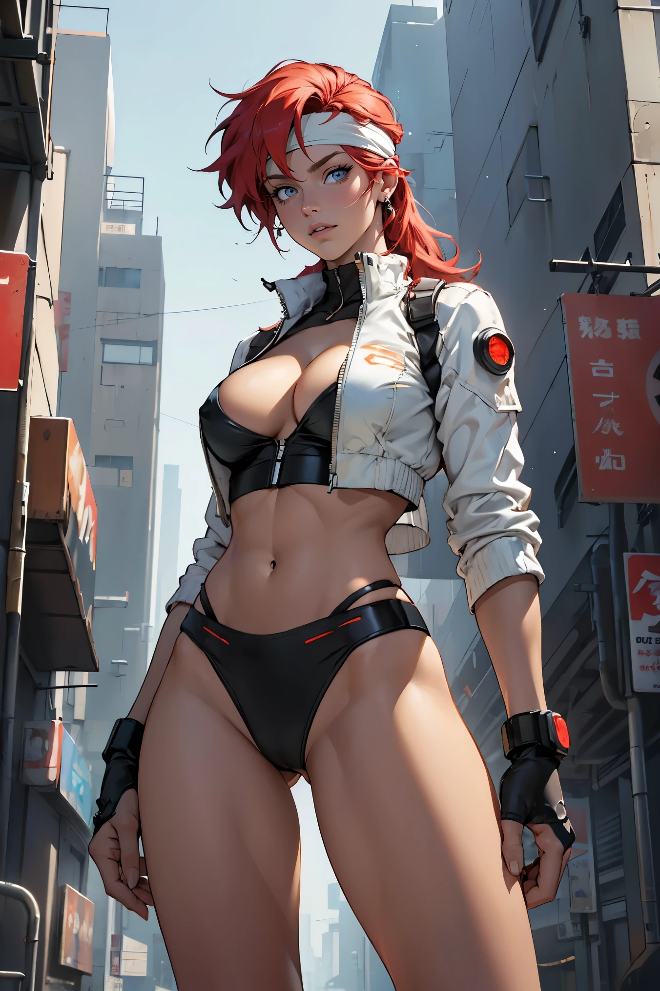 ((Masterpiece, highest quality; 1.3)), super quality, beautiful detail, super detailed, extra fine, 16K, exquisite, absurd, high resolution, beautiful background, detailed background, beautiful eyes, beautiful skin, anime style, Kay from Dirty Pair in a white outfit, tight outfit, cleavage, bushy redhead beauty, very light blue uniform, wearing tight clothes, skimpy, (mid chest: 1.2), cleavage, cleavage, slim waist , thin waist, slim thighs, thin legs, slim legs. thigh gap, showing stomach, skinny, thin hips, cyberpunk city background, holding retro space gun , headband,