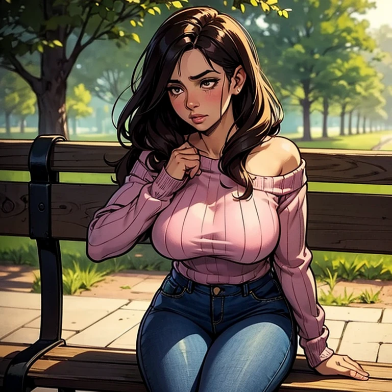 In a park, under a leafy tree, sitting on an oak bench, crossing her legs, a beautiful woman, Pacific brown skin, extremely long jet black hair, green eyes, casual clothes, gold plaid miniskirt, white blouse with short sleeves and lace and neckline, leather jacket, defined hourglass body, shapely legs, medium breasts, medium hips, medium waist, large breasts,