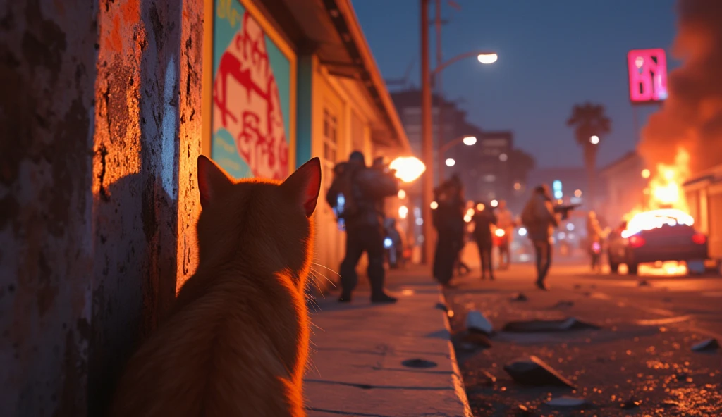 Create an illustration of a scene from GTA Los Santos. An orange cat is poking its head out from a sewer grate in the foreground, its curious gaze directed at the chaotic scene unfolding on the street above. Surrounding the sewer, gangsters are engaged in a fierce gunfight, firing bullets with glowing trails, while vibrant murals decorate the walls. The scene is intensified by car explosions, flying debris, and smoke filling the air. Focus on the sewer environment with detailed textures like worn metal and damp concrete, while the cat’s expression and the street chaos are sharply emphasized. Use cinematic quality, ultra-detailed textures, realistic lighting effects, and dramatic storytelling to contrast the cat’s quirky perspective with the destruction above