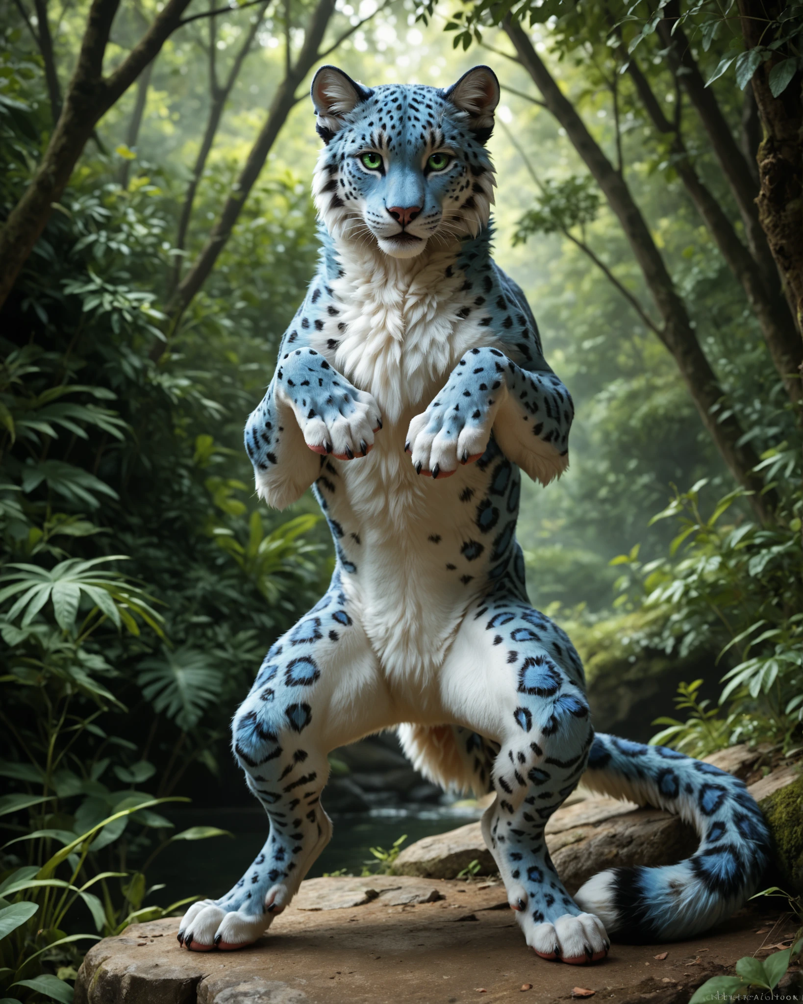 source_furry, source_9, score_8_up, score_7_up, full body, front view, ((solo)), feral, blue leopard, animal, stands upright, stands upright, hands up, looking at the viewer, (detailed background), nature, high quality, blue furred body, fluffy, with claws, (detailed eyes, green eyes), highly detailed, beautiful, pawpads, paw pads, dutch angle, blue