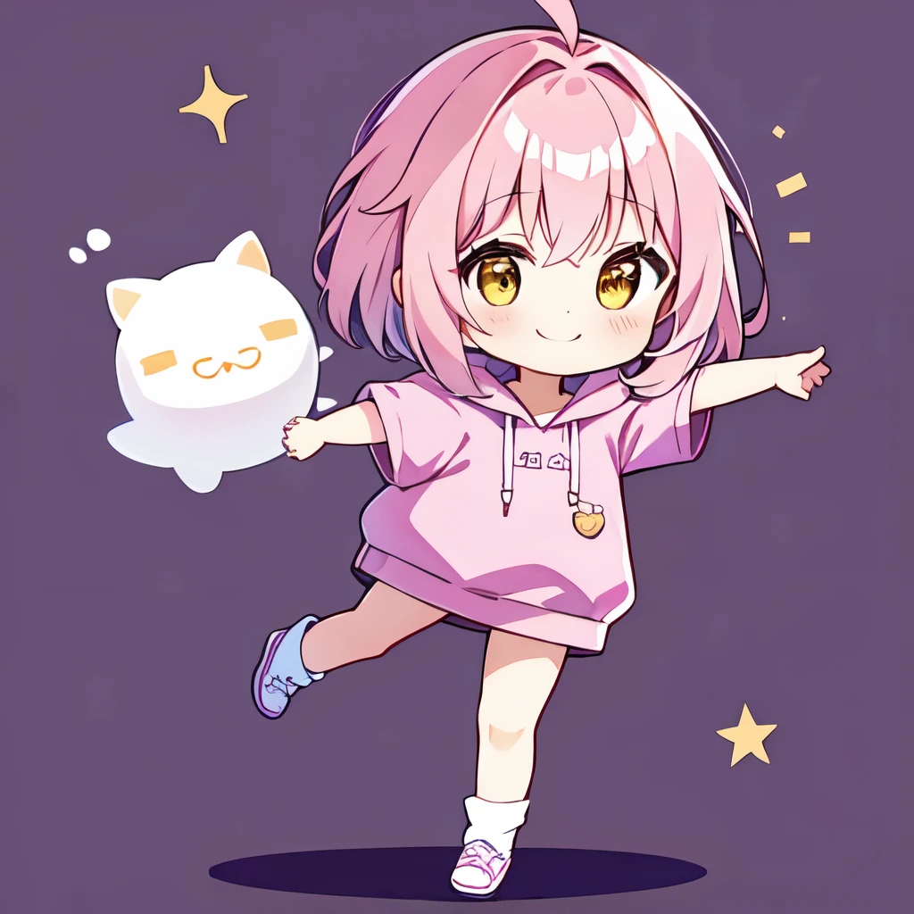   chibi,  hair,   Is wearing a pink hoodie,  full body,  Smile,  simple background,dancing
1 girl  ,alone, yellow eyes, happy,茶色のhair, shorthair, 前hair, 整ったhair_  ,  茶色のhair、is puffy _ sleeve,  shirt, short_ sleeve,