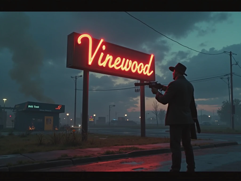 Standoff near the Vinewood sign", over-the-shoulder angle with pistol raised, stormy dusk skies and fog rolling in, embers and ash in the air, retro-futuristic 80s filter, cinematic lighting, GTA loading screen style.