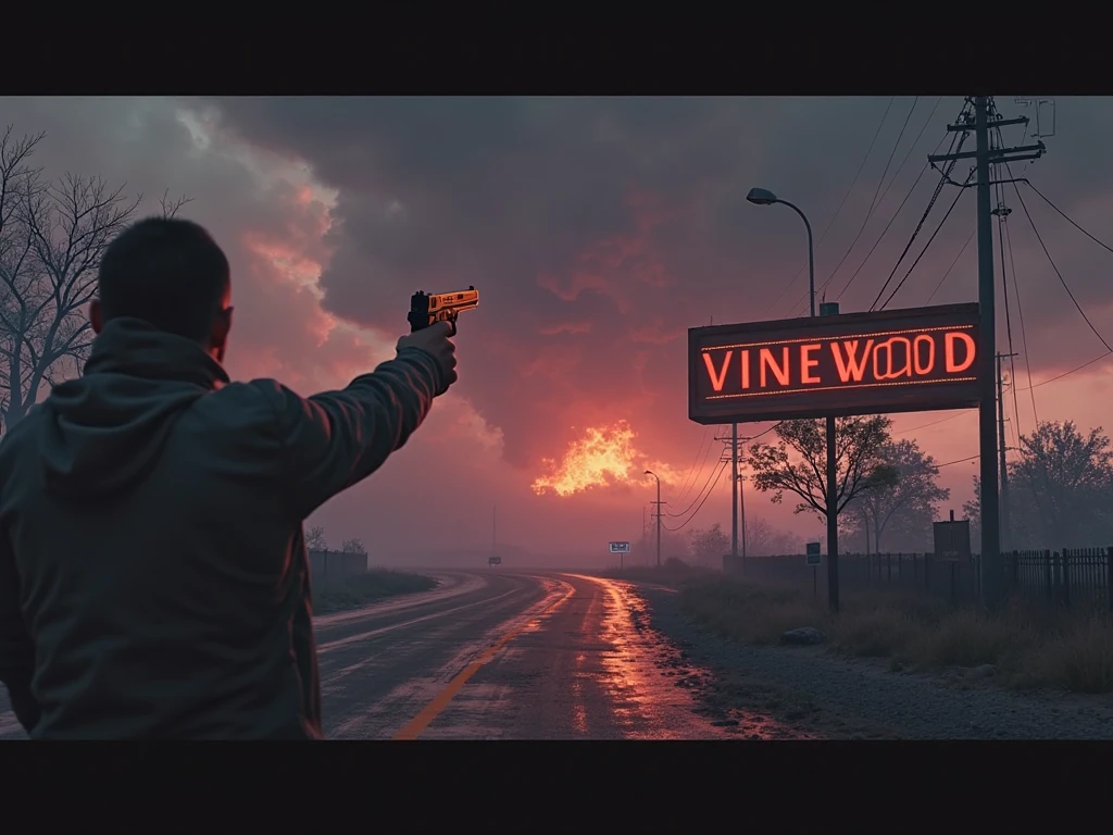 Standoff near the Vinewood sign", over-the-shoulder angle with pistol raised, stormy dusk skies and fog rolling in, embers and ash in the air, retro-futuristic 80s filter, cinematic lighting, GTA loading screen style.