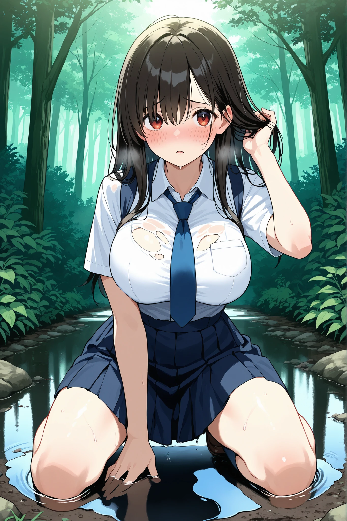 nsfw,best quality illustration,in forest, 1girl,beautiful face ,blush,squatting,school uniform,((peeing,pubic hair)),