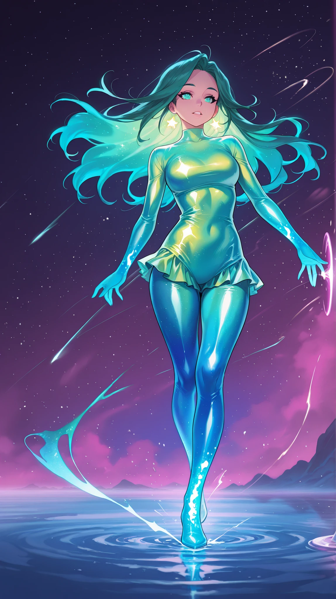masterpiece, best quality, amazing quality, newest, very aesthetic, 1girl, She is an ethereal vision of neon light, her body a radiant canvas of pulsating hues. Her skin shimmers with an iridescent glow, shifting between electric blues, vibrant pinks, and luminous greens. Each movement sends waves of color rippling across her form, like liquid light. Her eyes, bright as stars, are pools of neon brilliance that shift with emotion. Her hair flows like a cascade of neon strands, intertwining colors that flicker and dance with every step. Her attire is a fusion of holographic fabrics and glowing circuitry, making her an otherworldly beacon of modern luminescence and dynamic energy