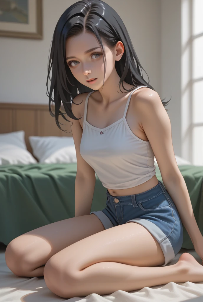 A young woman is sitting indoors. She is wearing sexy shorts. Her hips are big. The TV is on. Sunlight is shining through the window. It is evening.