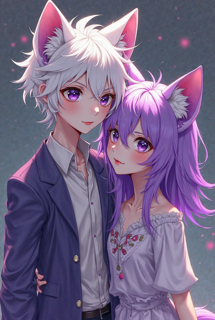 (1boy and 1girl), (cat ears:1.2), short hair, silver hair, white hair, purple eyes, masterpiece, pov, medium breast, absurdres, messy hair, cute smile, winking, blushing, nice hands, both boy and girl are , holding hands, (heart in the pupils:0.4), floating heart, heart earrings, white hair, full-face blush, looking at another, face-to-face,