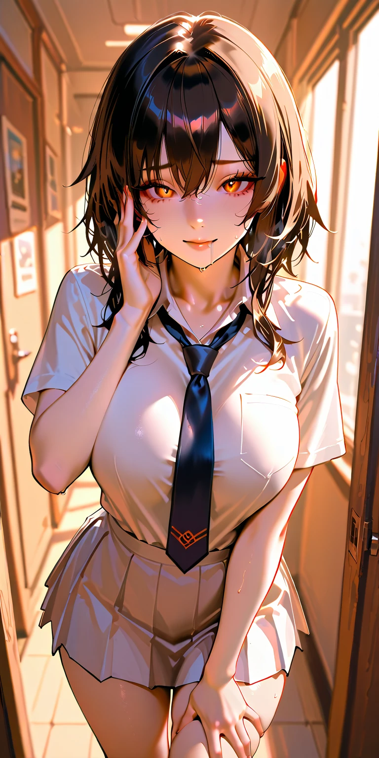 ((Highest quality, High resolution, masterpiece, detailed)),
View your audience, Cowboy Shot, Written boundary depth, Anatomically correct, １people, female, Perfect Face, Cute and symmetrical face, Shiny skin,
(Medium Hair, Blonde), Chestnut brown eyes, Long eyelashes, (Large Breasts:0.8),
Beautiful details, Beautiful Hair, Beautiful Face, Beautiful clavicle, Beautiful body, Beautiful breasts, Beautiful thighs, Beautiful feet,
(Collared shirt, Blue pleated skirt, Red tie),
(Beautiful views), evening, walk, City, (tears, Angry expression), Skirt Lift,