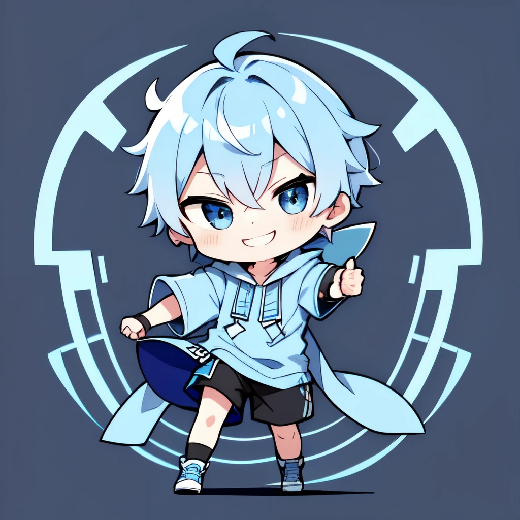   chibi,  light blue hair,   Is wearing a blue hoodie,  full body, A strong smile,  simple background, dancing
1 boy  ,alone, Black Eye, happy,light blue hair, short髪, bungs, Neat hair_  ,  light blue hair、sleeve,  shirt, short_ sleeve,Belligerent、sling
