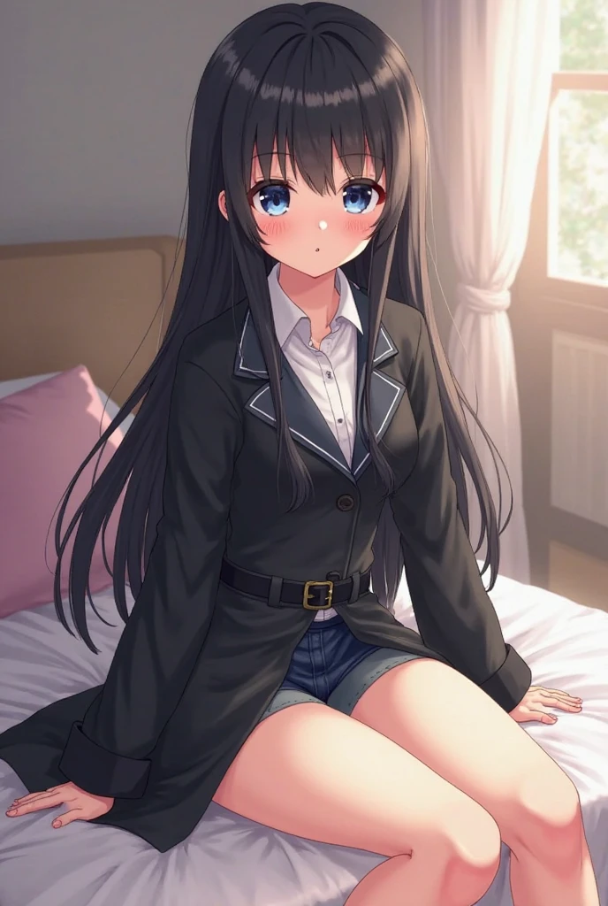 (1) There is one high school girl, A person who provokes others by lifting up their skirt.
(2) High school girl wears a blazer and miniskirt uniform, she wears loose socks on her feet.
(3) She has long brown hair.
(4) She makes a provocative and lewd expression.
(5) The location is a love hotel room..
