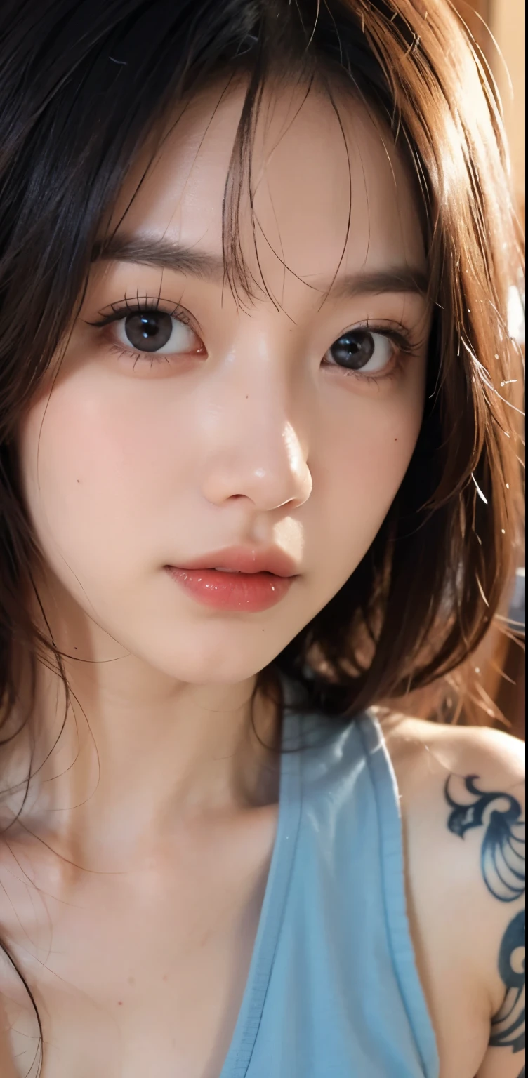 absurdres, 1girl,medium breast, star eye, blush, (realistic:1.5), (masterpiece, Extremely detailed CG unity 8k wallpaper, best quality, highres:1.2), (ultra_detailed, UHD:1.2), (pixiv:1.3), perfect illumination, distinct, (1girl:1.4), (bishoujo:1.2), looking at viewer, unreal engine, sidelighting, perfect face, detailed face, bangs, perfect body, beautiful eyes, pretty face, (bright skin:1.4), idol, (abs), ulzzang-6500-v1.1, (navel), ruins, dark place, night, dark aura, (close-up:1.1), selfie, (blood on face:1.4), (evil smile:1.1)