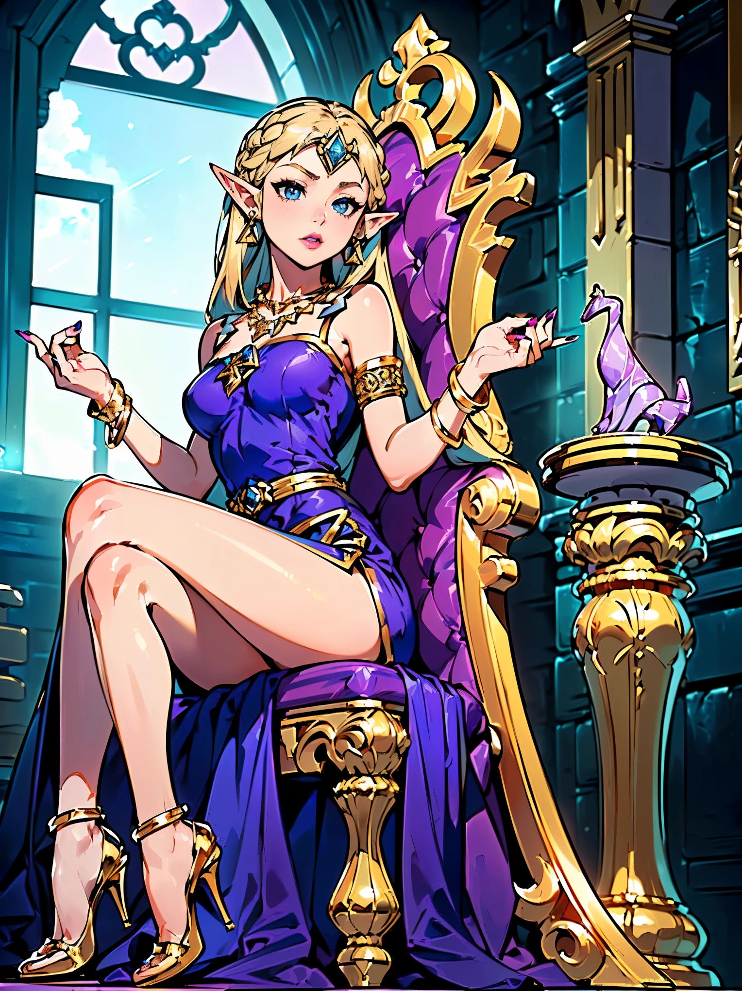 ((1girl, solo ,alone, aqua, blue eyes, blonde hair, medium hair, painted nails, gold bracelets, gold earrings)), ((elf ears)) ((solo, 1woman, pink lipstick, Extremely detailed, ambient soft lighting, 4k, perfect eyes, a perfect face, perfect lighting, a 1girl)), austere, ((sitting on a throne, ((legs crossed, high heels, castle, sky, sky creatures, zelda)), sitting on her throne under; sky, queen, mu yanling, Krenz Cushart and Artgerm, ((long dress, elegant violet dress , formal dress, violet dress, bracelets, gold earrings, gold necklace, diamond, sovereign)) ((princess zelda))