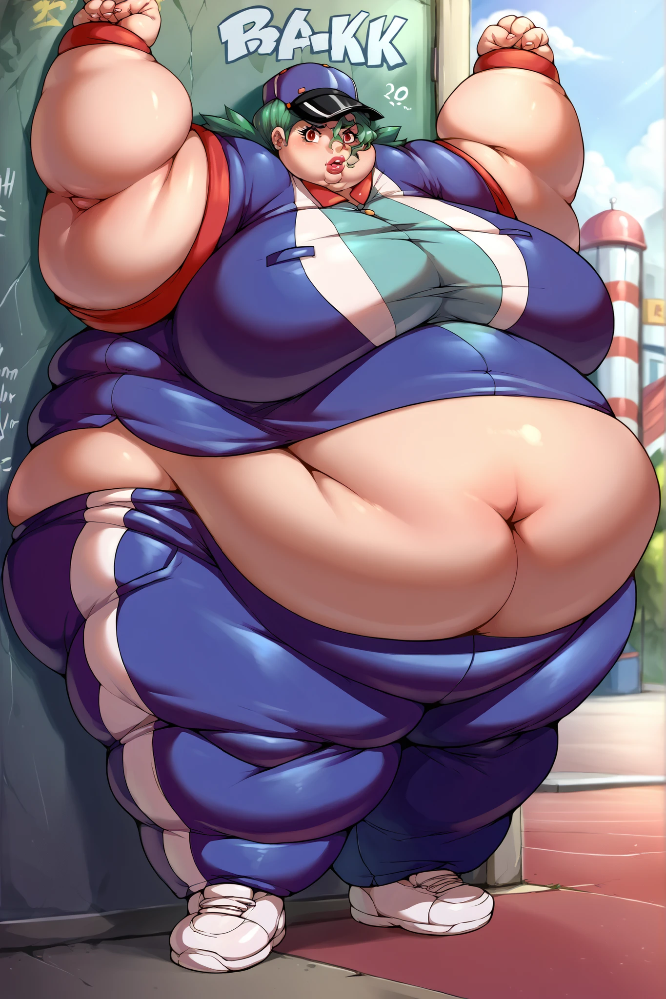 Anime Women, Lady、Detailed face、Forehead、Blonde、Center parted hair、Waist-length hair、Glasses、Winning spirit、Blue eyes、Are fat、Chubby、Voluptuous、obesity、Double chin、cheek、Fatty neck、Big Breasts、Saggy breasts、Thick upper arms、thick fingers、Fat belly、Flabby belly、Thick legs、Fat all over the body、Large、Jumpsuit、Bodysuits、Sweaty、shame