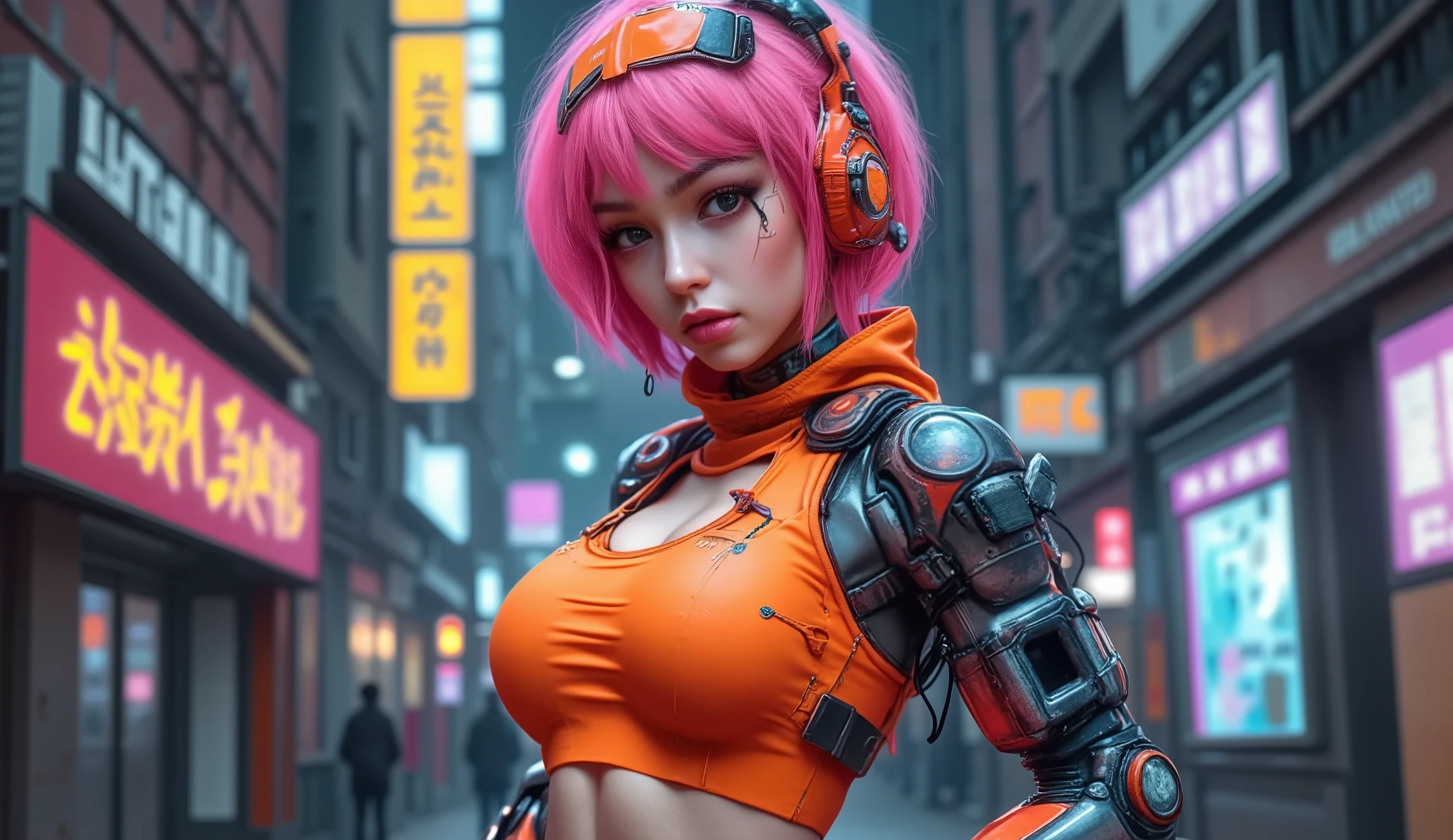 short hair, disheveled and pink, futuristic orange cyberpunk outfit with robotic arm, standing position, cityscape background with neon signs, vibrant colors, high contrast lighting, industrial atmosphere , slightly low-angle view, focus on the subject with sharp details, No motion blur.